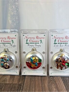 Set of 3 NEW in Package Bronson Nursery Rhyme Classics Round Glass Ornaments